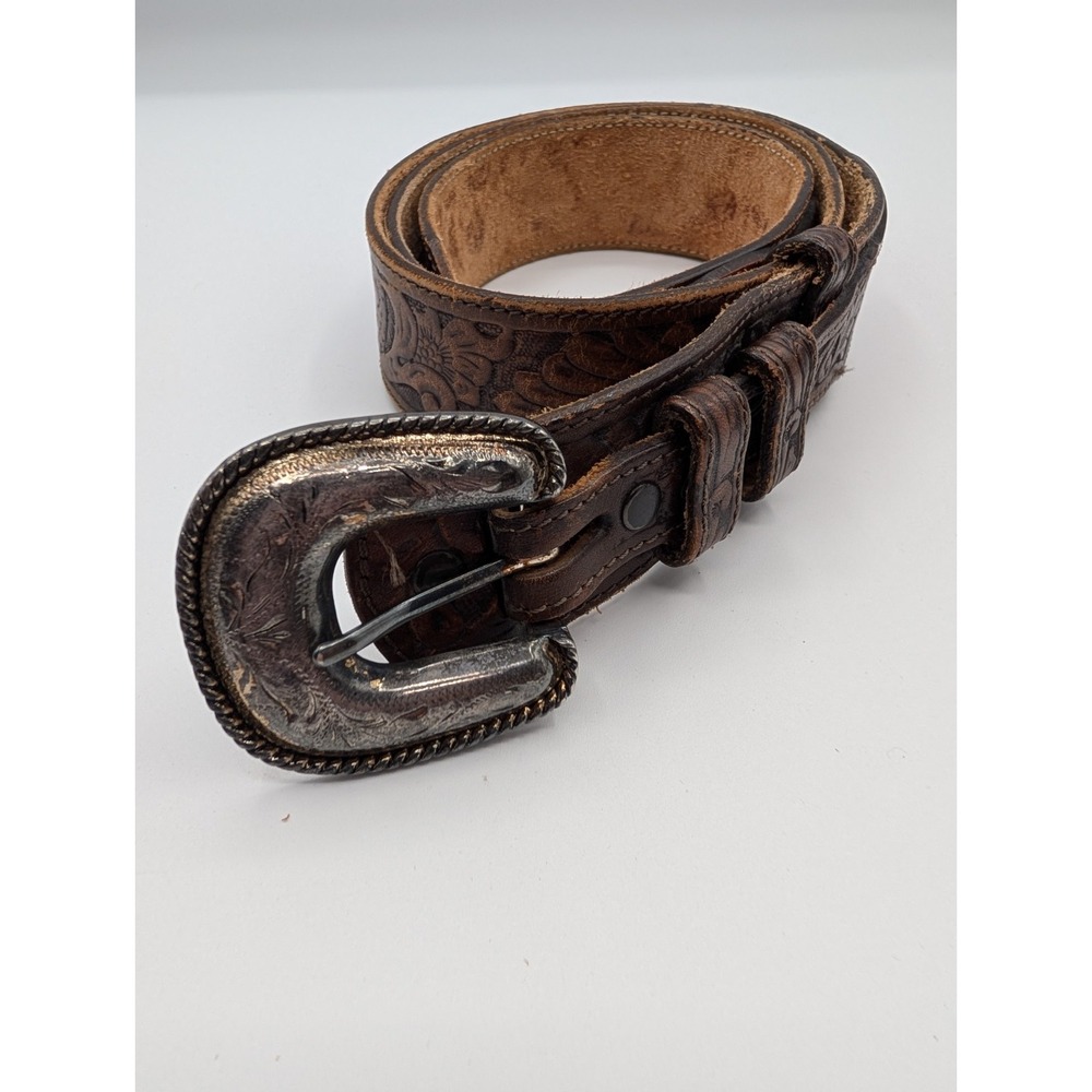 Vintage Justin USA Tooled Leather Ranger Belt 144CH Chestnut Brown Silver Sz. 36